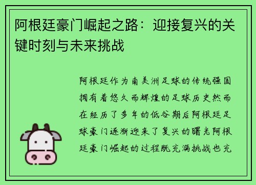 阿根廷豪门崛起之路：迎接复兴的关键时刻与未来挑战
